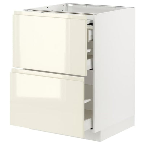 METOD / MAXIMERA - Bc w pull-out work surface/3drw, white/Voxtorp high-gloss light beige, 60x60 cm