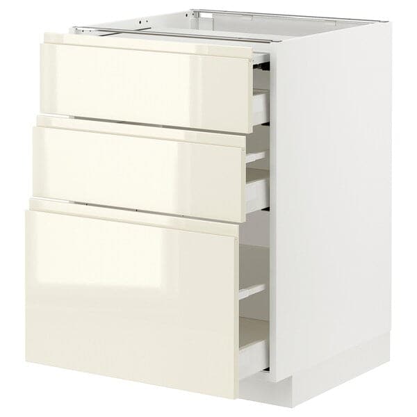 METOD / MAXIMERA - Bc w pull-out work surface/3drw, white/Voxtorp high-gloss light beige, 60x60 cm - best price from Maltashopper.com 89433528