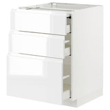 METOD / MAXIMERA bc w pull-out work surface/3drw, white/Voxtorp high-gloss/white, 60x60 cm
