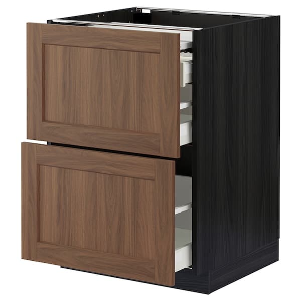 METOD / MAXIMERA - Bc w pull-out work surface/3drw, black Enköping/brown walnut effect, 60x60 cm