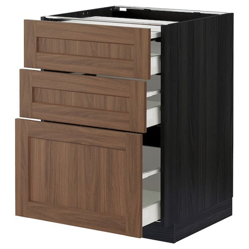 METOD / MAXIMERA - Bc w pull-out work surface/3drw, black Enköping/brown walnut effect, 60x60 cm