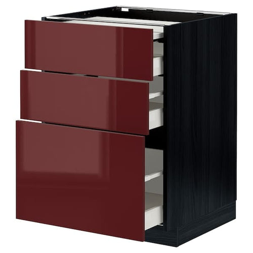 METOD / MAXIMERA - Bc w pull-out work surface/3drw, black Kallarp/high-gloss dark red-brown, 60x60 cm