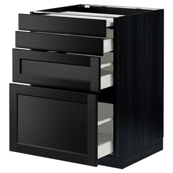 METOD / MAXIMERA - Bc w pull-out work surface/3drw, black/Lerhyttan black stained, 60x60 cm - best price from Maltashopper.com 49433950