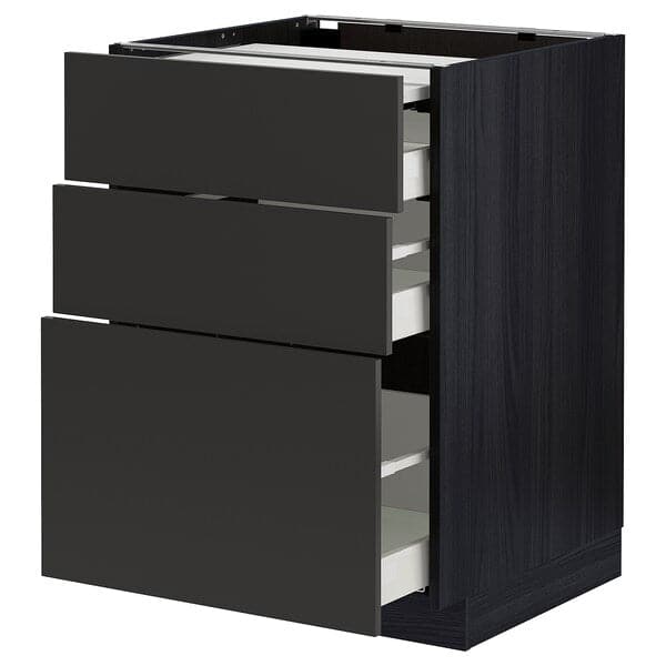 METOD / MAXIMERA - Bc w pull-out work surface/3drw, black/Nickebo matt anthracite , 60x60 cm