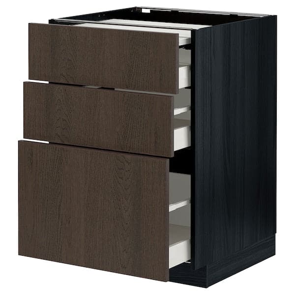 METOD / MAXIMERA - Bc w pull-out work surface/3drw, black/Sinarp brown, 60x60 cm - best price from Maltashopper.com 79433920