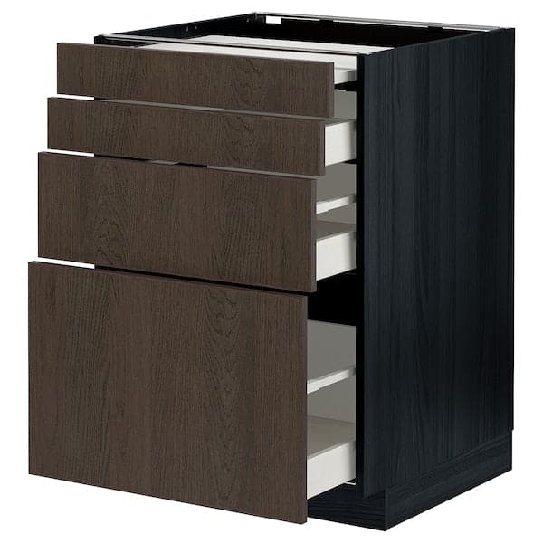 METOD / MAXIMERA - Bc w pull-out work surface/3drw, black/Sinarp brown, 60x60 cm - best price from Maltashopper.com 69433954