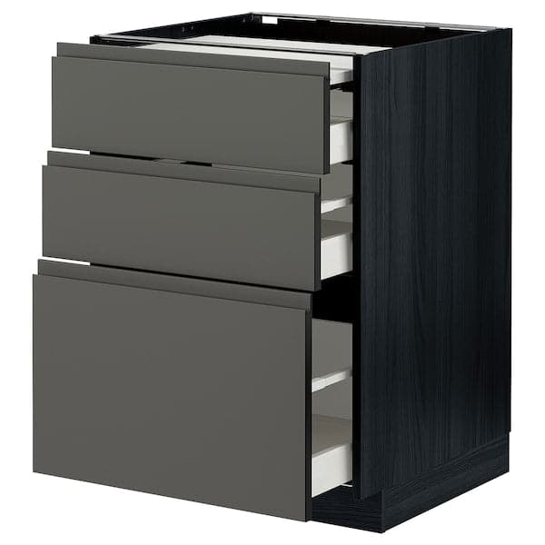 METOD / MAXIMERA - Bc w pull-out work surface/3drw, black/Voxtorp dark grey, 60x60 cm