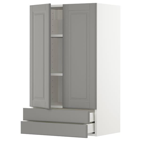 METOD / MAXIMERA - Wall cabinet w 2 doors/2 drawers, white/Bodbyn grey, 60x100 cm