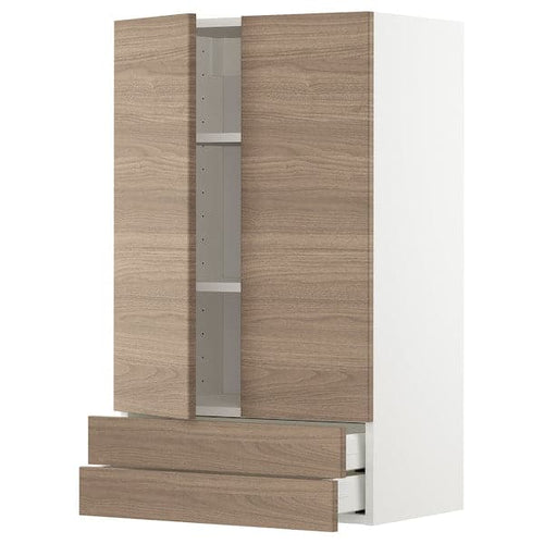 METOD / MAXIMERA wall cabinet w 2 doors/2 drawers, white/Brokhult light grey, 60.0x100.0x38.6 cm