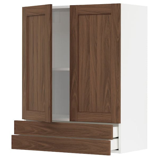 METOD / MAXIMERA - Wall cabinet w 2 doors/2 drawers, white Enköping/brown walnut effect, 80x100 cm - best price from Maltashopper.com 19474923