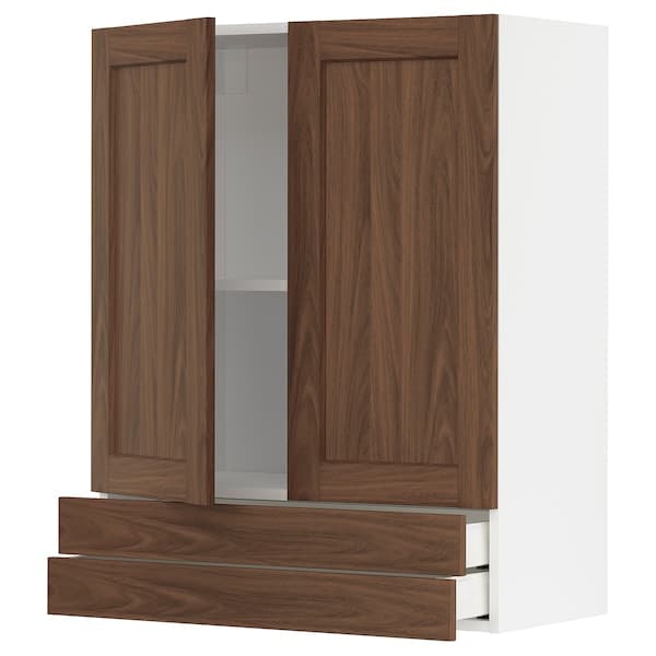 METOD / MAXIMERA - Wall cabinet w 2 doors/2 drawers, white Enköping/brown walnut effect, 80x100 cm