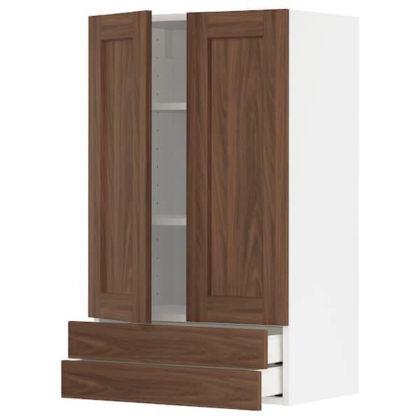 METOD / MAXIMERA - Wall cabinet w 2 doors/2 drawers, white Enköping/brown walnut effect, 60x100 cm