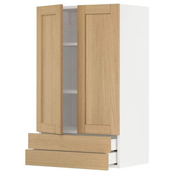 METOD / MAXIMERA - Wall cabinet w 2 doors/2 drawers, white/Forsbacka oak, 60x100 cm