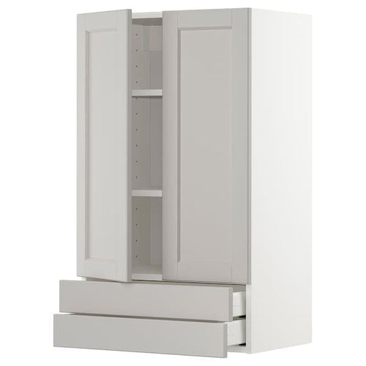 METOD / MAXIMERA - Wall cabinet w 2 doors/2 drawers, white/Lerhyttan light grey, 60x100 cm - best price from Maltashopper.com 09461997