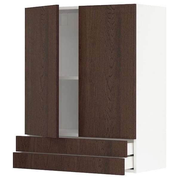 METOD / MAXIMERA - Wall cabinet w 2 doors/2 drawers, white/Sinarp brown , 80x100 cm - best price from Maltashopper.com 59457498