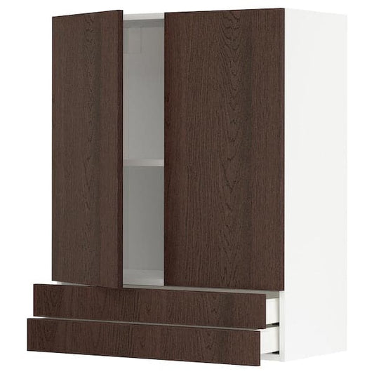 METOD / MAXIMERA - Wall cabinet w 2 doors/2 drawers, white/Sinarp brown , 80x100 cm - best price from Maltashopper.com 59457498