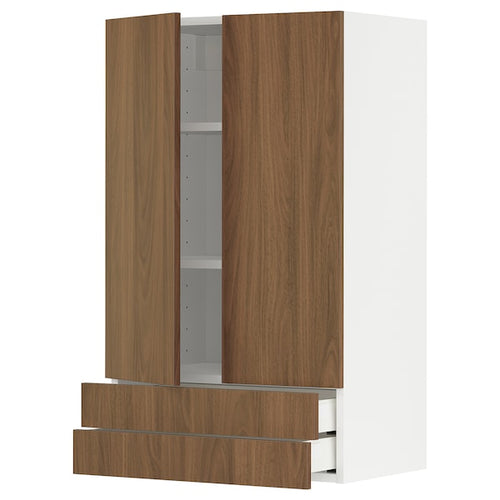 METOD / MAXIMERA - Wall cabinet w 2 doors/2 drawers, white/Tistorp brown walnut effect, 60x100 cm