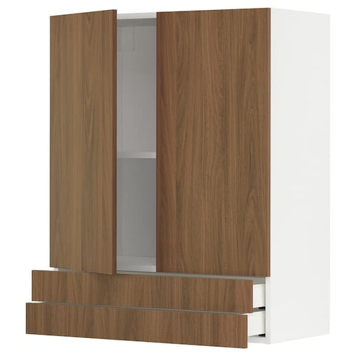 METOD / MAXIMERA - Wall cabinet w 2 doors/2 drawers, white/Tistorp brown walnut effect, 80x100 cm