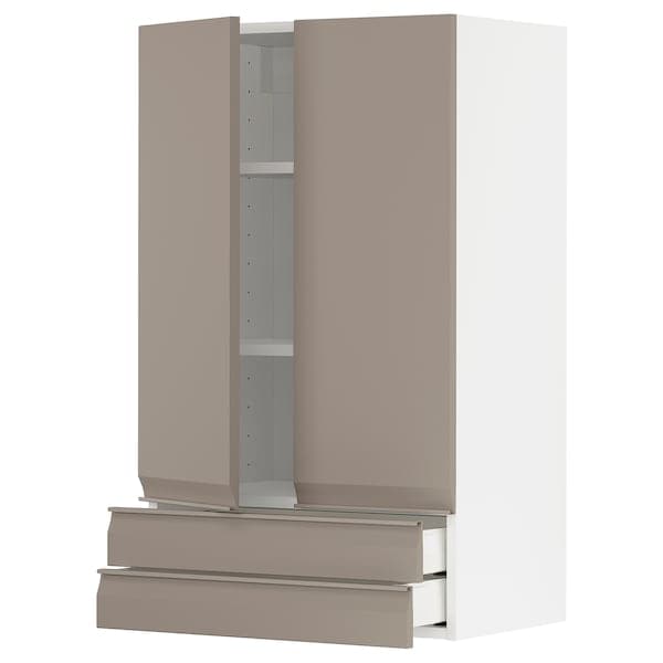 METOD / MAXIMERA - Wall cabinet w 2 doors/2 drawers, white/Upplöv matt dark beige , 60x100 cm