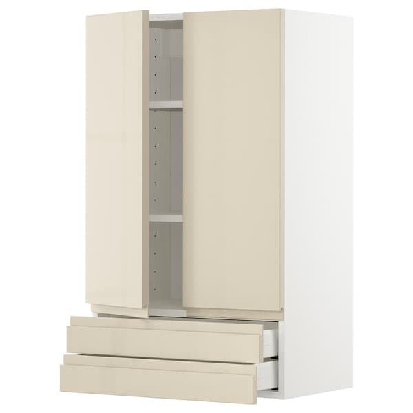 METOD / MAXIMERA - Wall cabinet w 2 doors/2 drawers, white/Voxtorp high-gloss light beige, 60x100 cm