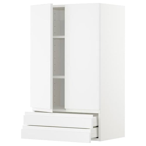 METOD / MAXIMERA - Wall cabinet w 2 doors/2 drawers, white/Voxtorp matt white, 60x100 cm