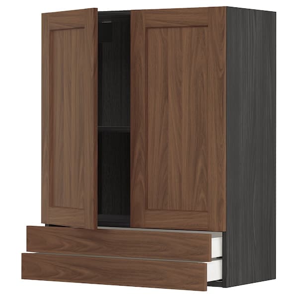 METOD / MAXIMERA - Wall cabinet w 2 doors/2 drawers, black Enköping/brown walnut effect, 80x100 cm - best price from Maltashopper.com 99476664