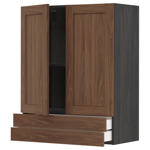 METOD / MAXIMERA - Wall cabinet w 2 doors/2 drawers, black Enköping/brown walnut effect, 80x100 cm