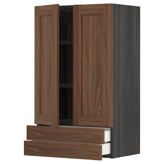 Ikea METOD / MAXIMERA - Wall cabinet w 2 doors/2 drawers, black Enköping/brown walnut effect, 60x100 cm