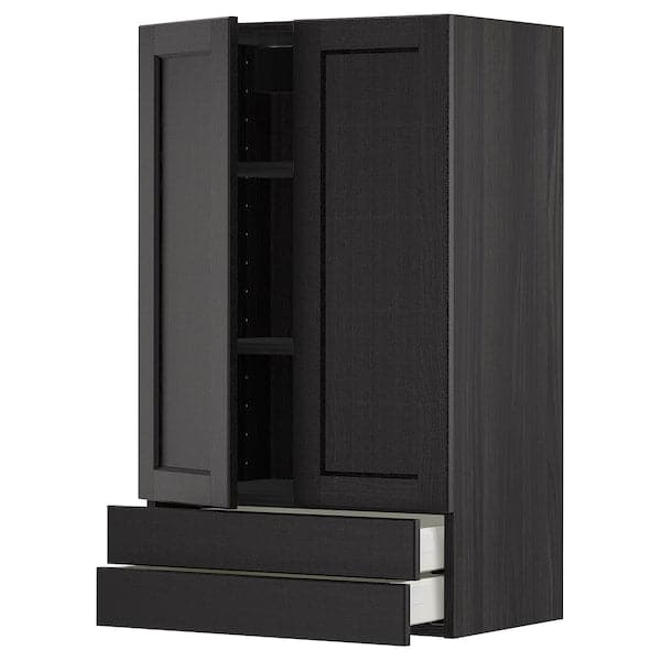 METOD / MAXIMERA - Wall cabinet w 2 doors/2 drawers, black/Lerhyttan black stained, 60x100 cm