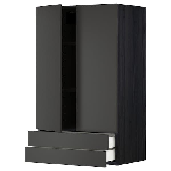 METOD / MAXIMERA - Wall cabinet w 2 doors/2 drawers, black/Nickebo matt anthracite, 60x100 cm