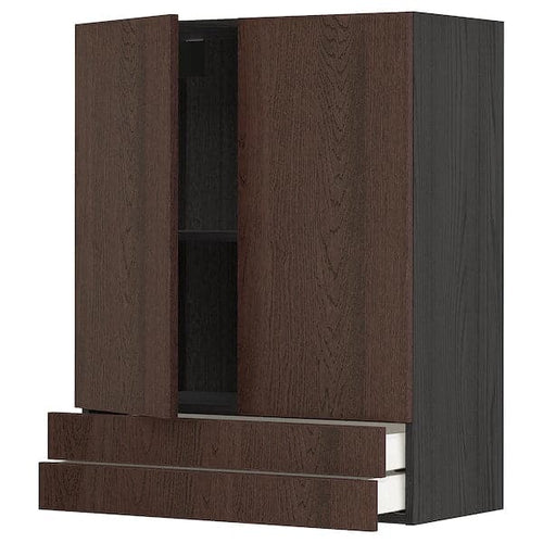 METOD / MAXIMERA - Wall cabinet w 2 doors/2 drawers, black/Sinarp brown , 80x100 cm