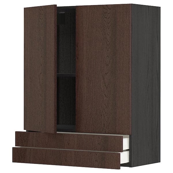 METOD / MAXIMERA - Wall cabinet w 2 doors/2 drawers, black/Sinarp brown , 80x100 cm