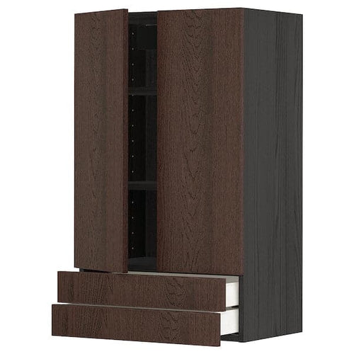 METOD / MAXIMERA - Wall cabinet w 2 doors/2 drawers, black/Sinarp brown , 60x100 cm