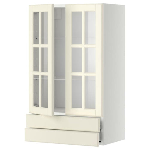 METOD / MAXIMERA - Wall cab w 2 glass doors/2 drawers, white/Bodbyn off-white, 60x100 cm