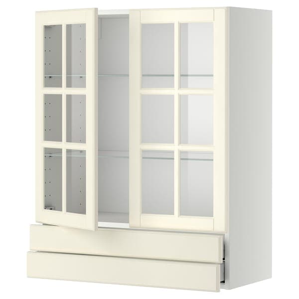 Ikea METOD / MAXIMERA - Wall cab w 2 glass doors/2 drawers, white/Bodbyn off-white, 80x100 cm