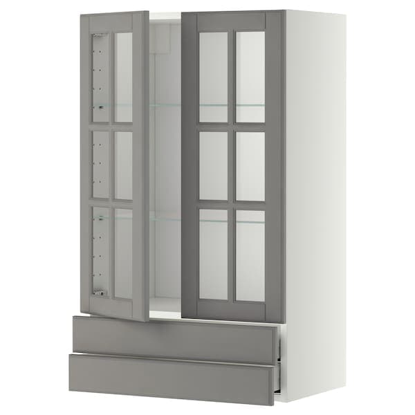 METOD / MAXIMERA - Wall cab w 2 glass doors/2 drawers, white/Bodbyn grey, 60x100 cm - best price from Maltashopper.com 19393682