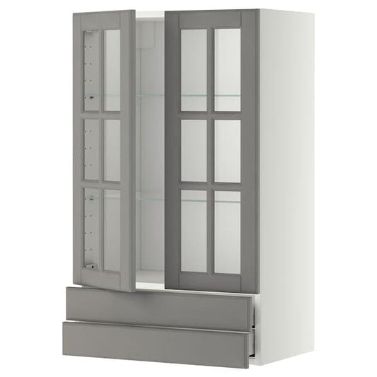METOD / MAXIMERA - Wall cab w 2 glass doors/2 drawers, white/Bodbyn grey, 60x100 cm - best price from Maltashopper.com 19393682