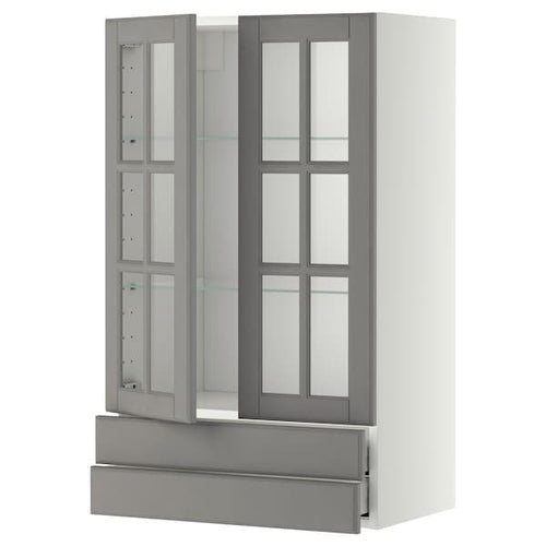 METOD / MAXIMERA - Wall cab w 2 glass doors/2 drawers, white/Bodbyn grey, 60x100 cm