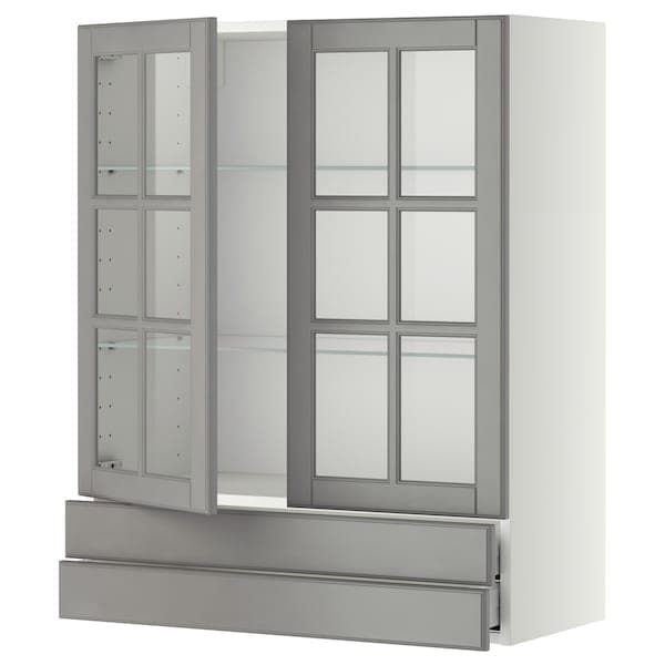 METOD / MAXIMERA - Wall cab w 2 glass doors/2 drawers, white/Bodbyn grey, 80x100 cm - best price from Maltashopper.com 99393683