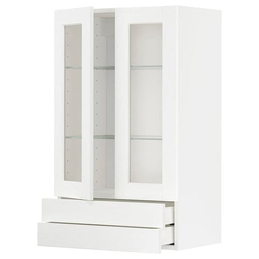 Ikea METOD / MAXIMERA - Wall cab w 2 glass doors/2 drawers, white Enköping/white wood effect, 60x100 cm