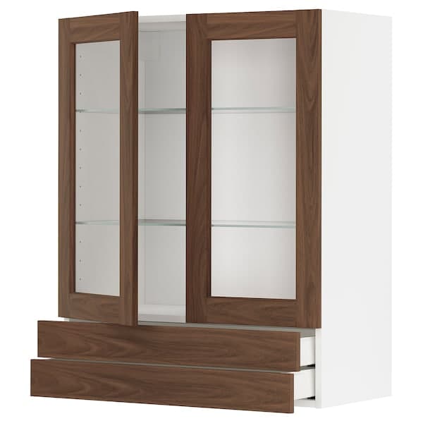 Ikea METOD / MAXIMERA - Wall cab w 2 glass doors/2 drawers, white Enköping/brown walnut effect, 80x100 cm