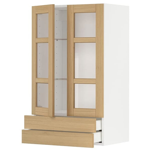 METOD / MAXIMERA - METOD / MAXIMERA Wall cab w 2 glass doors/2 drawers, white/Forsbacka oak, 60x100 cm