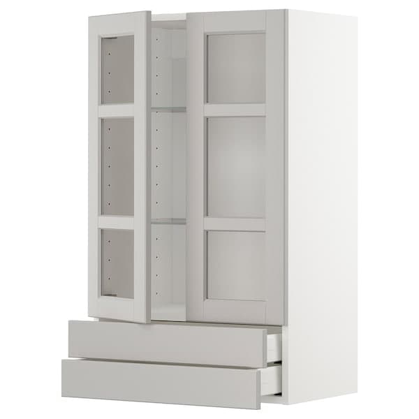 Ikea METOD / MAXIMERA - Wall cab w 2 glass doors/2 drawers, white/Lerhyttan light grey, 60x100 cm