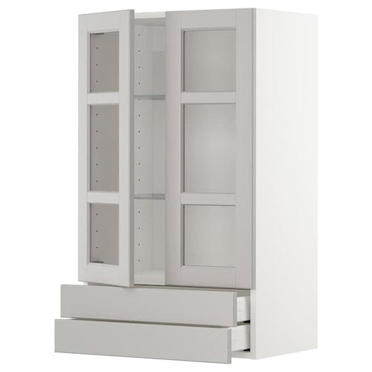 Ikea METOD / MAXIMERA - Wall cab w 2 glass doors/2 drawers, white/Lerhyttan light grey, 60x100 cm