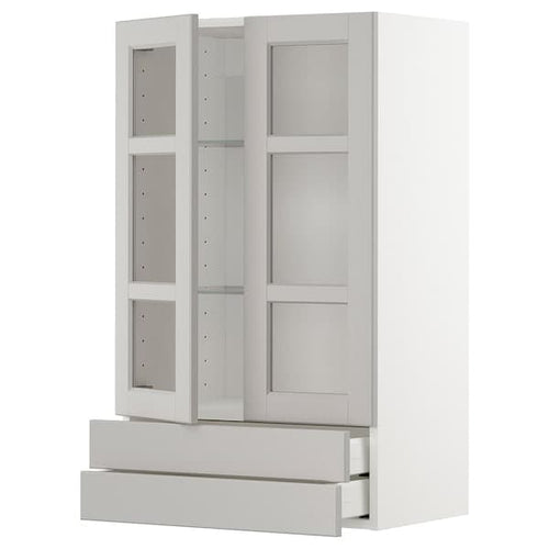 METOD / MAXIMERA - Wall cab w 2 glass doors/2 drawers, white/Lerhyttan light grey, 60x100 cm