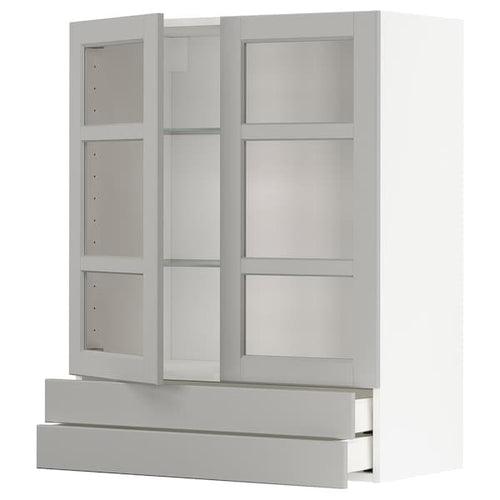 METOD / MAXIMERA - METOD / MAXIMERA Wall cab w 2 glass doors/2 drawers, white/Lerhyttan light grey, 80x100 cm