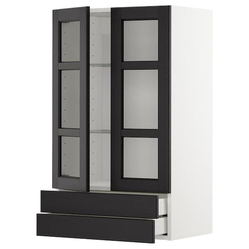 METOD / MAXIMERA - Wall cab w 2 glass doors/2 drawers, white/Lerhyttan black stained, 60x100 cm