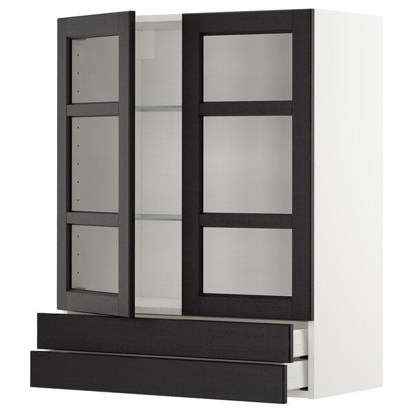 Ikea METOD / MAXIMERA - Wall cab w 2 glass doors/2 drawers, white/Lerhyttan black stained , 80x100 cm