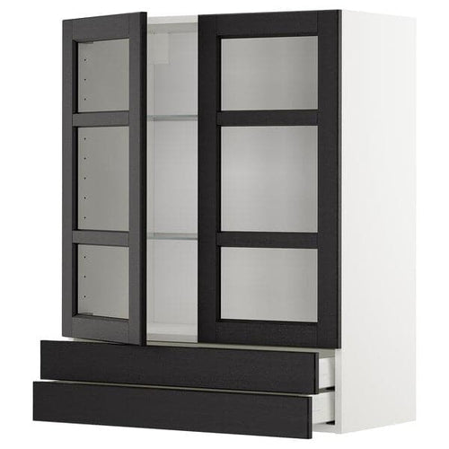 METOD / MAXIMERA - Wall cab w 2 glass doors/2 drawers, white/Lerhyttan black stained , 80x100 cm