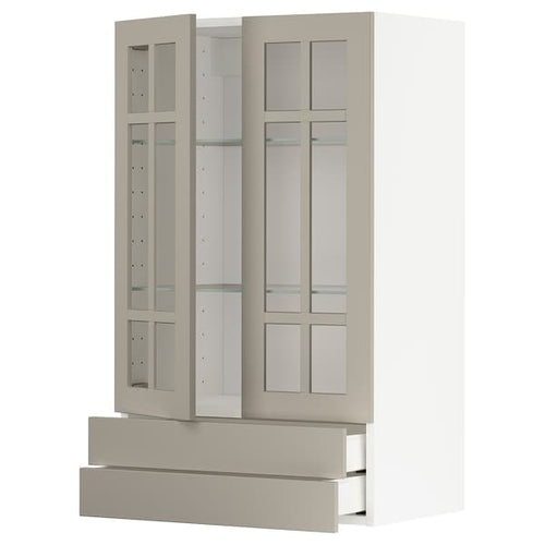 METOD / MAXIMERA - Wall cab w 2 glass doors/2 drawers, white/Stensund beige, 60x100 cm